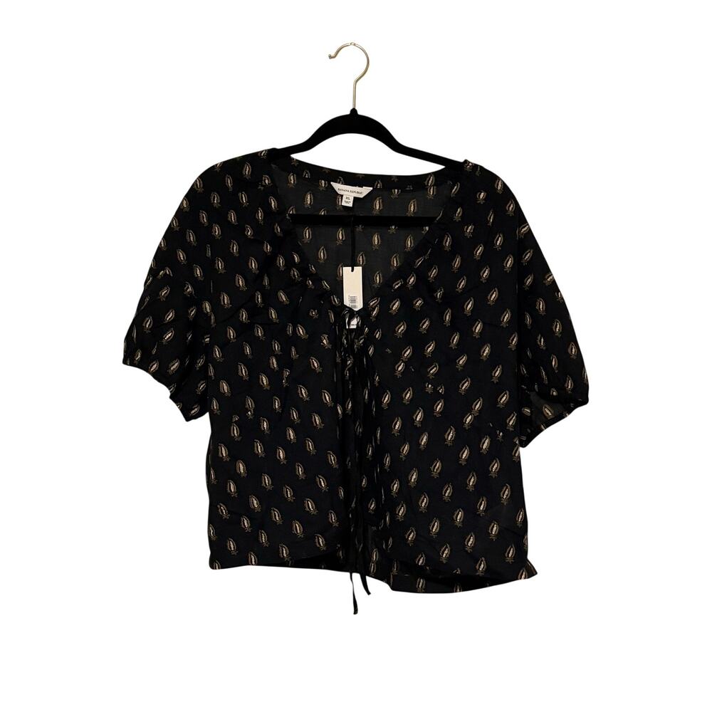 NWT Banana Republic Front Tie V Neck Blouse XL Black Floral Puff Sleeve